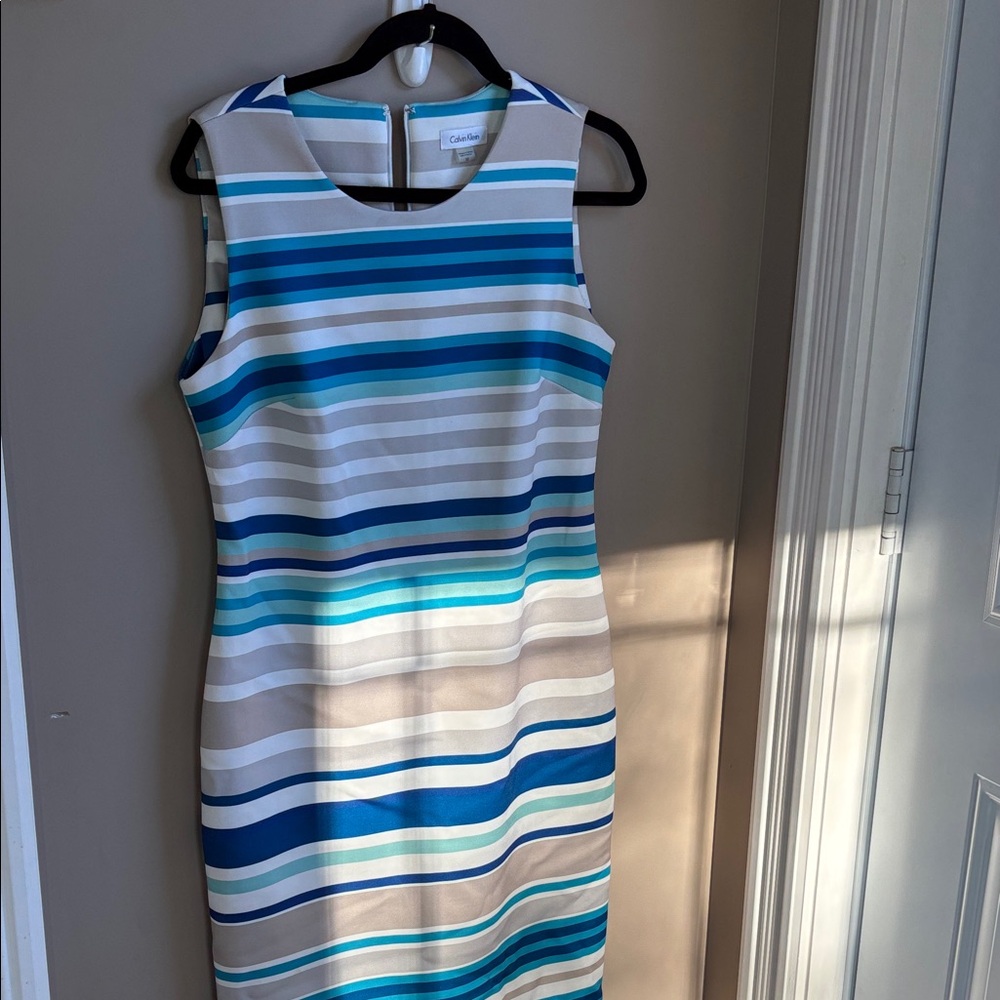 Calvin Klein Striped Blue and Cream Midi Dress